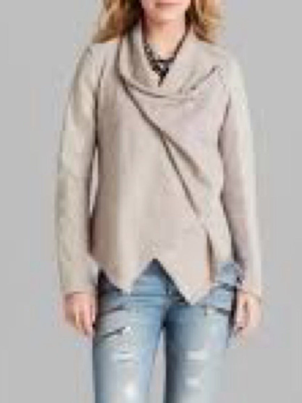 BLANKNYC M Faux Suede Drape Front Moto Jacket Gray Cream *FLAW*